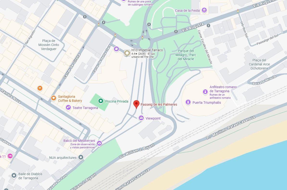 Mapa del Passeig de les Palmeres a Tarragona, entre el Balcó del Mediterrani, l'Amfiteatre romà i el Parc del Miracle, a tocar del mar